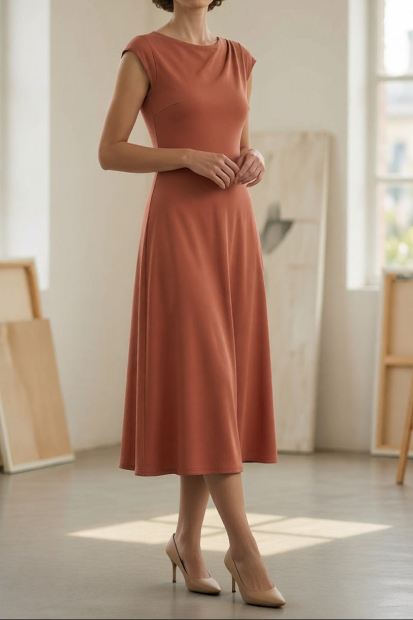 Terracotta Cowl Draped Boat Neck Cap Sleeve Slim Waist Flowy A-Line Midi Dress