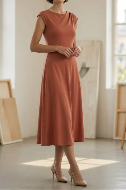 Terracotta Cowl Draped Boat Neck Cap Sleeve Slim Waist Flowy A-Line Midi Dress