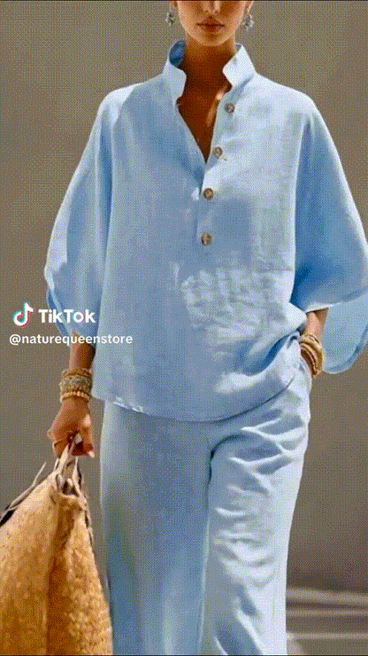 Women’s Batwing Sleeve Linen Cotton Two-Piece Set – Casual Shirt & Wide Leg Pants Outfit