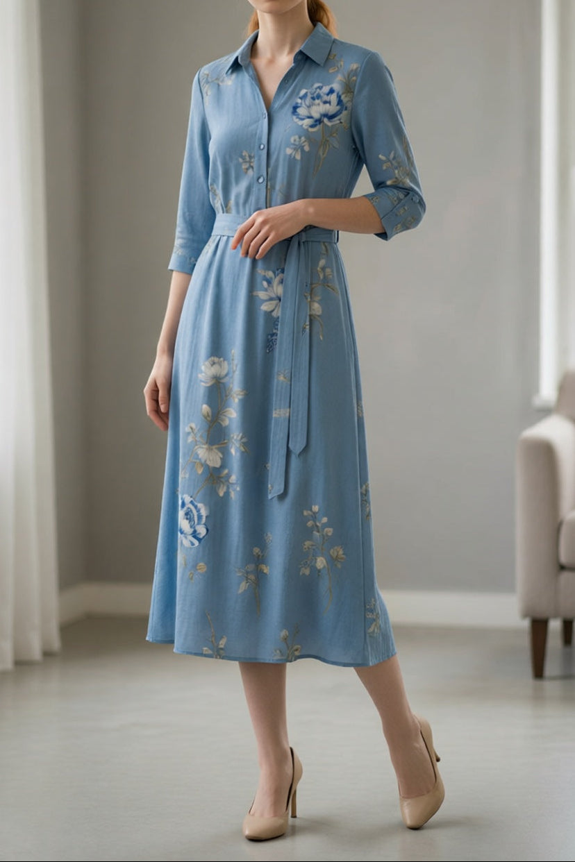 Light Blue Chinese Blue-and-White Floral Print Collared 3/4 Sleeve Self-Tie Belt Shirt Midi Dress