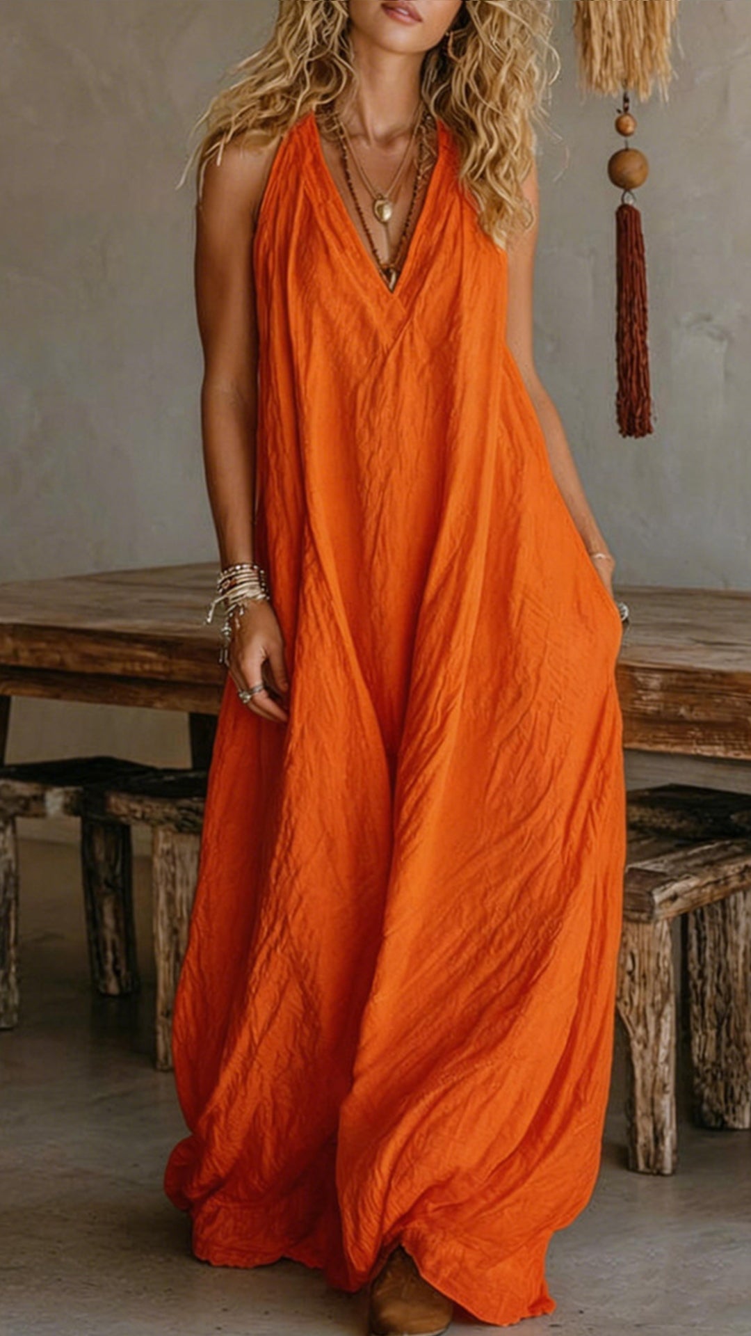 Halter V-Neck Linen-Blend Maxi Dress
