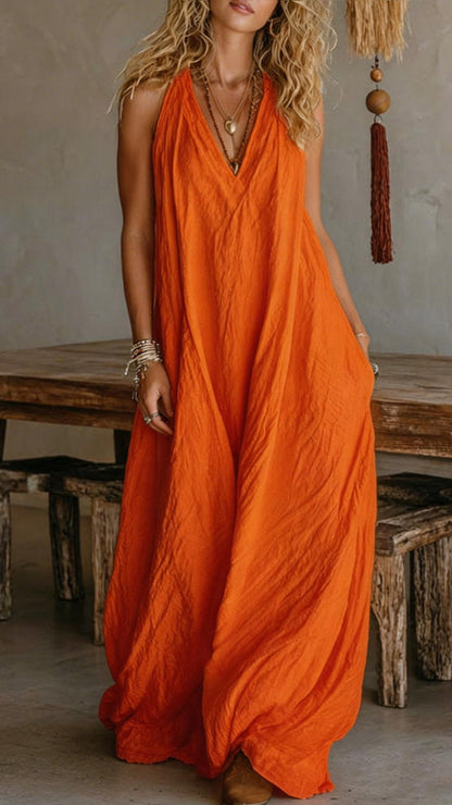 Halter V-Neck Linen-Blend Maxi Dress