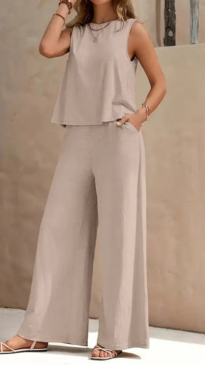 Casual Vacation Style - Sleeveless Cotton-Blend Two-Piece Set