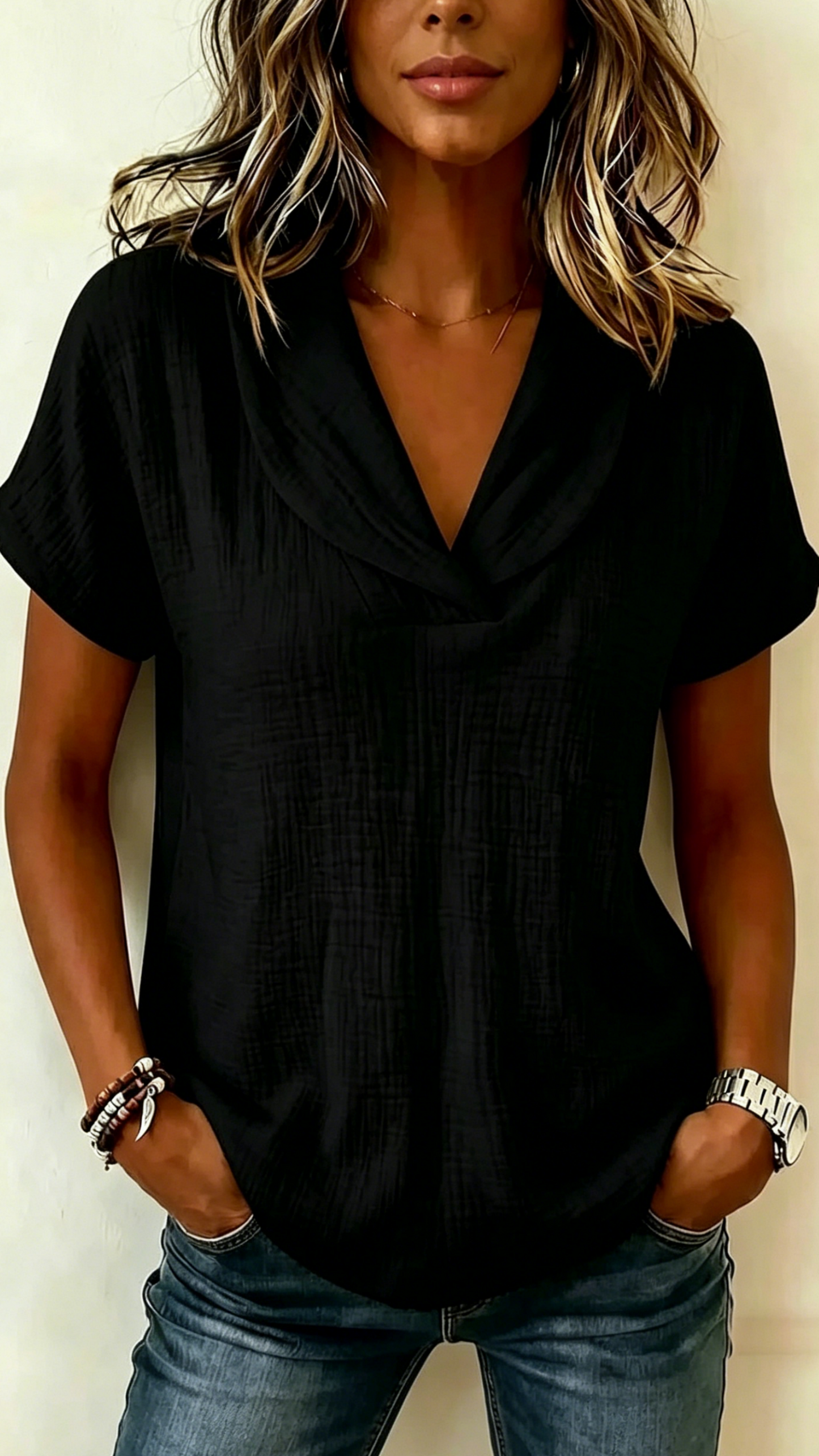 Short-Sleeve Crepe V-Neck Casual Fashion T-Shirt