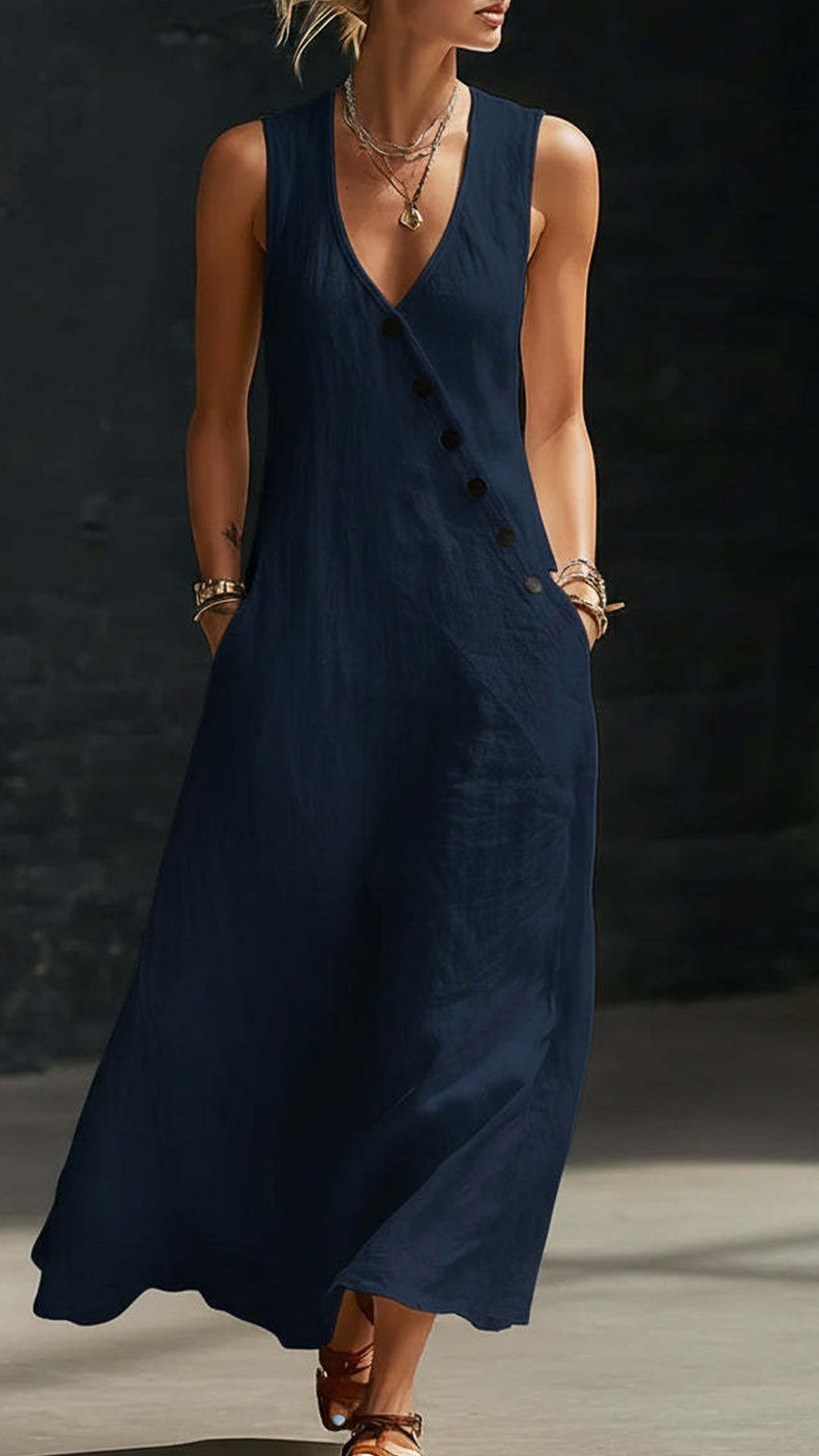 Linen-Texture V-Neck Sleeveless Maxi Dress