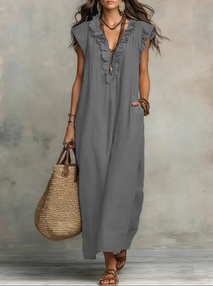 Cotton-Blend Ruffle V-Neck Maxi Dress
