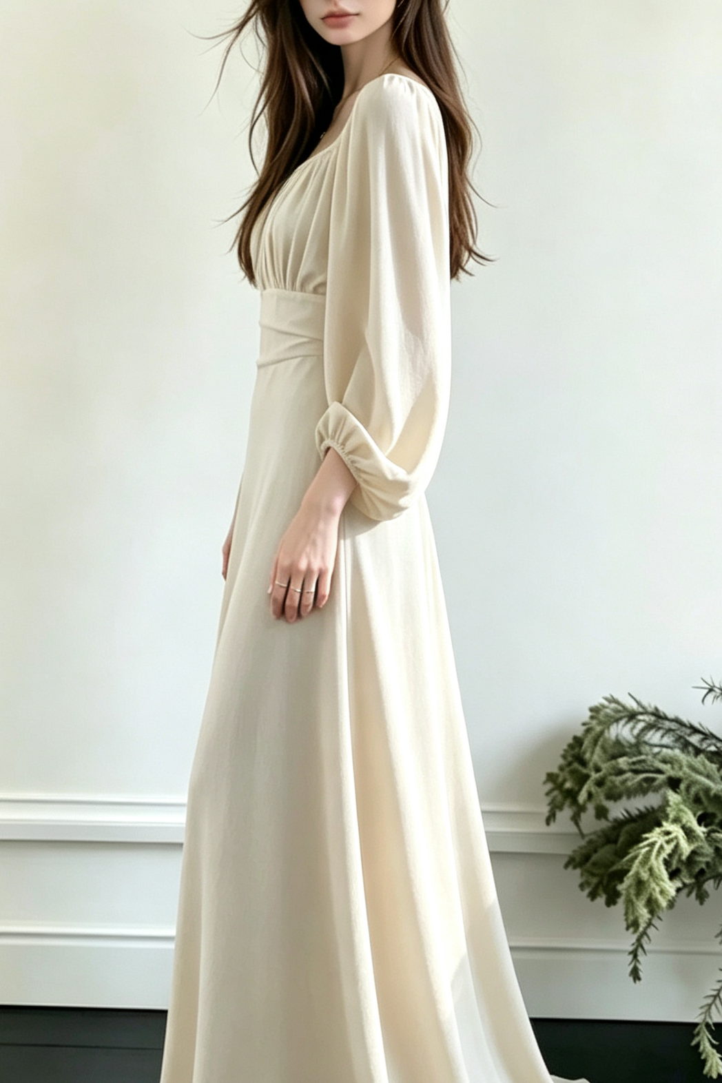 Square Neck Puff Long Sleeve High Waist Eco Recycled Cotton Dress - White