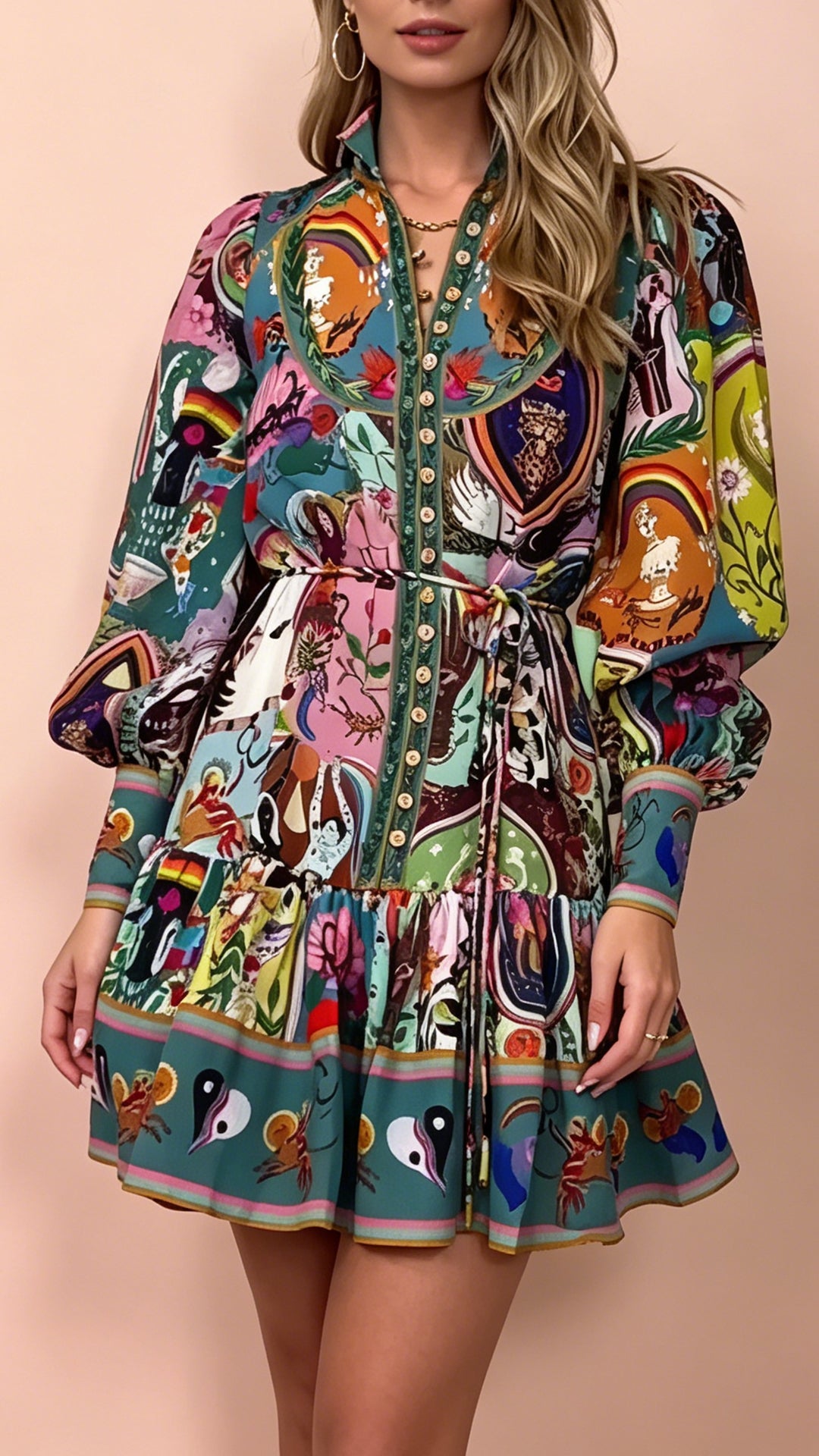 printed long sleeve  pleated trim Mini Dress