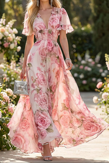 Watercolor Pink Rose Print Chiffon Deep V Ruffle Short Sleeve Smocked Waist Maxi Dress