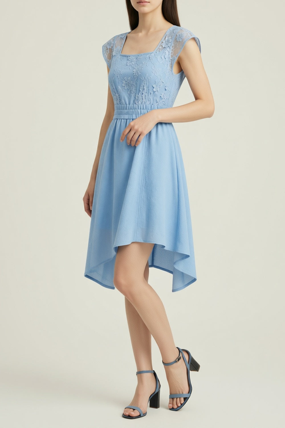 Light Blue Lace Midi Dress with Asymmetric Hem plum linen-viscose, cotton poplin or washed silk blend Midi Skirt - product view 2