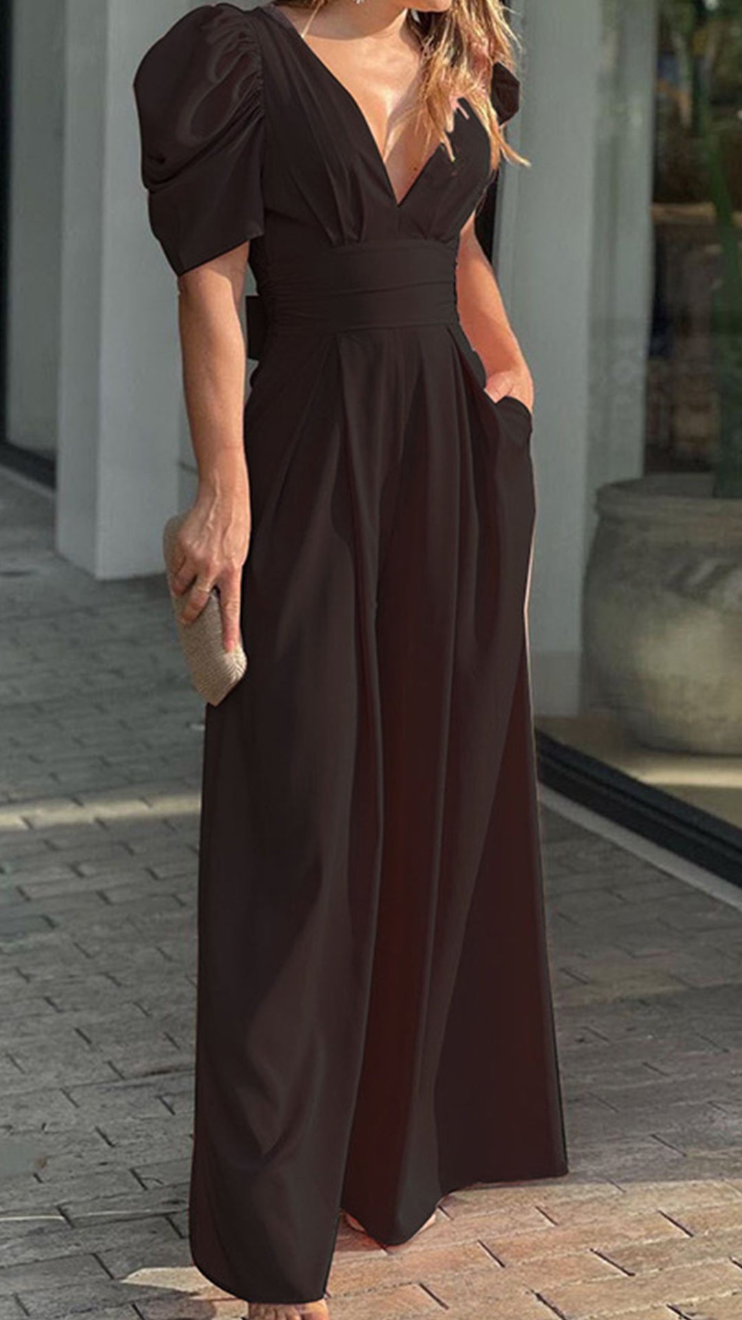 Women's V-Neck Puff Sleeve Jumpsuit