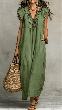 Cotton-Blend Ruffle V-Neck Maxi Dress