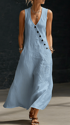 Linen-Texture V-Neck Sleeveless Maxi Dress