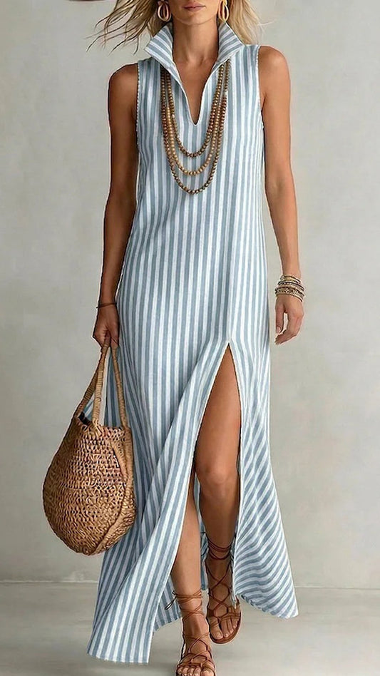 Lapel V-neck striped high-slit maxi dress