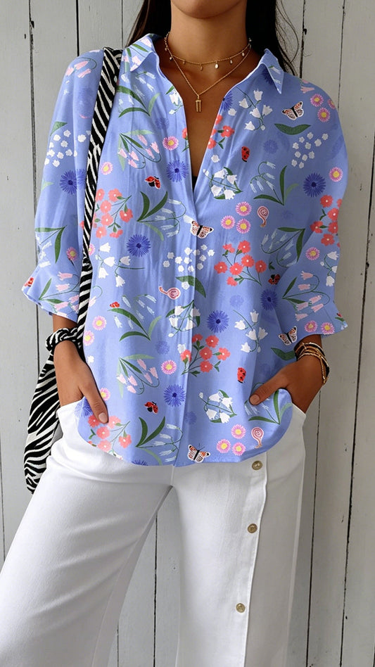 Women's Doll Collar Printed Polyester Blouse