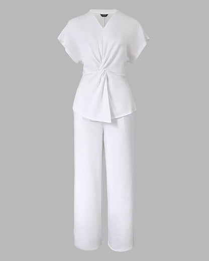 Women's 2 Piece Outfits V Neck Twist Front Slit Top and High Waisted Straight Leg Pants Set Commute Business Casual Suit