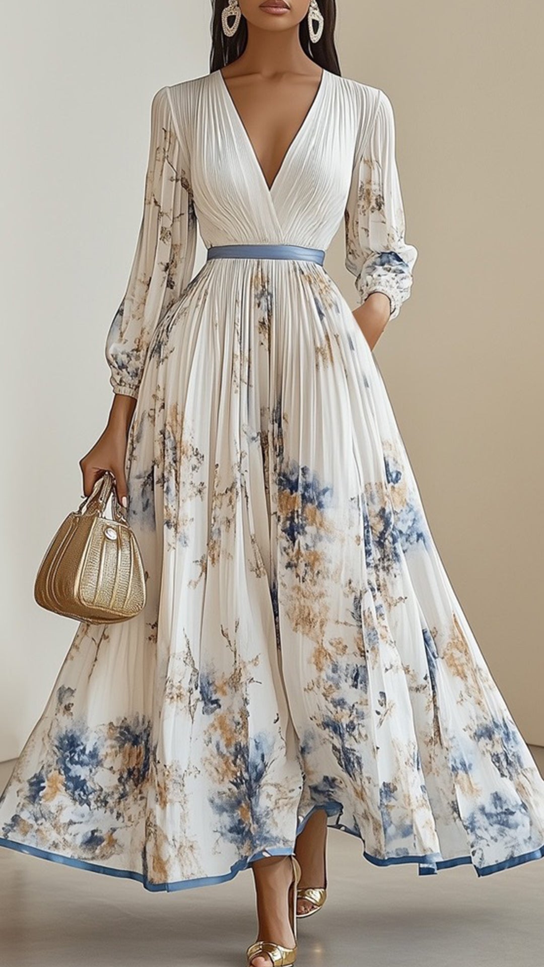 V-Neck floral print long sleeve maxi dress