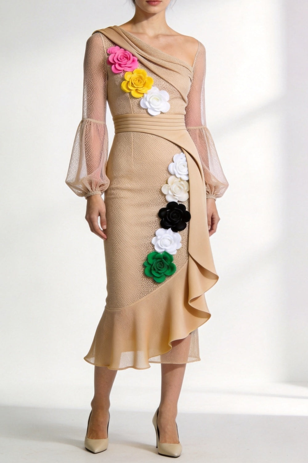 One-Shoulder Floral Appliqué Midi Dress clay red premium compact jersey or fluid Tencel blend Midi Dress - product view 1