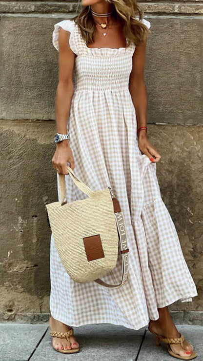square neck plaid maxi dress