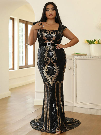 Plus Size Square Neck Sequin Evening Dress