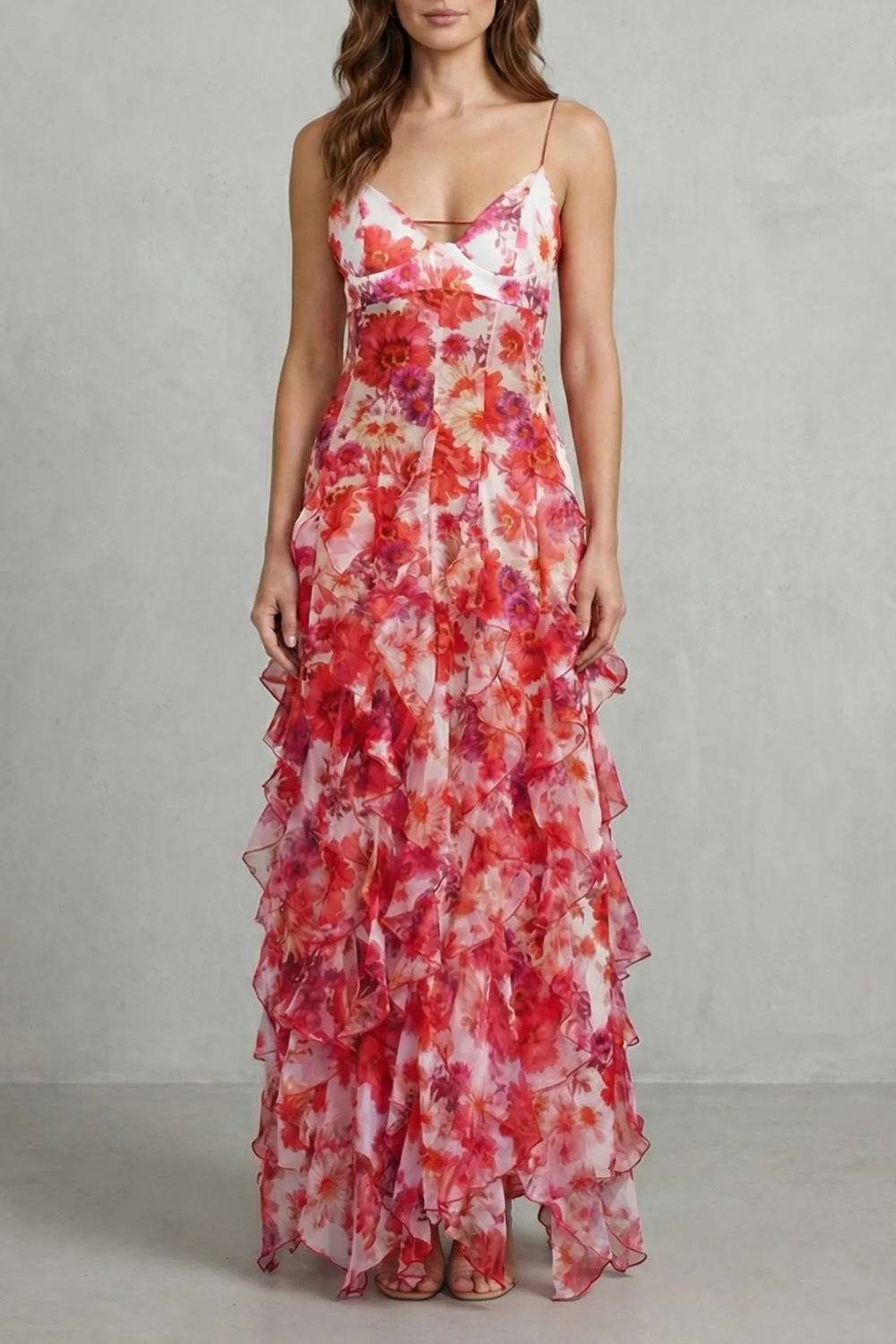 Fiorella – Watercolour bloom flow – Ruffled chiffon maxi dress