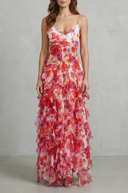 Fiorella – Watercolour bloom flow – Ruffled chiffon maxi dress