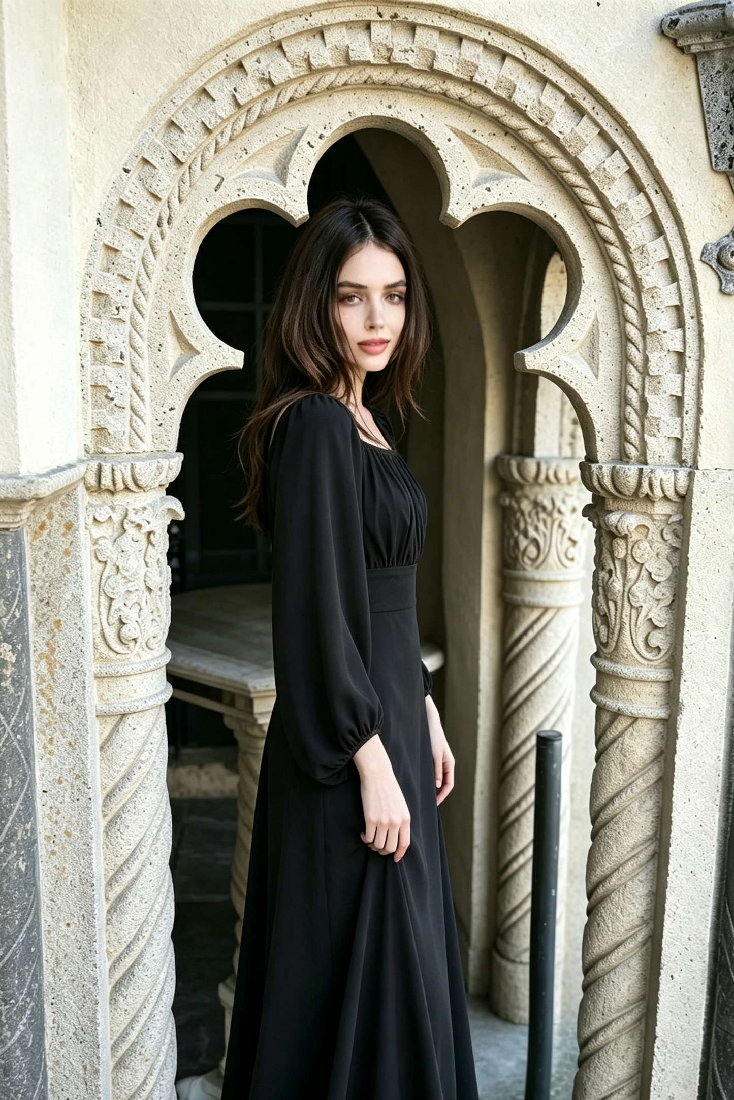 Square Neck Puff Long Sleeve High Waist Eco Recycled Cotton Dress - Black