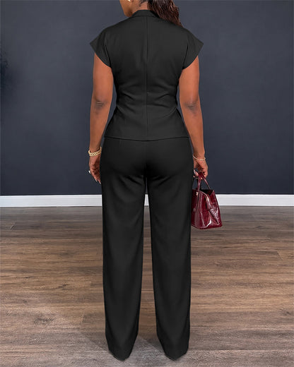 Women's 2 Piece Outfits V Neck Twist Front Slit Top and High Waisted Straight Leg Pants Set Commute Business Casual Suit