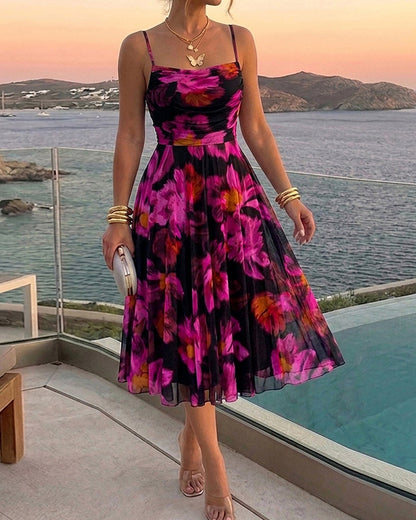 Vintage Oil Painting Floral Print Cowl Neck Adjustable Spaghetti Straps A Line Dress Elegant Cinched Waist Zipper Back Party Dress