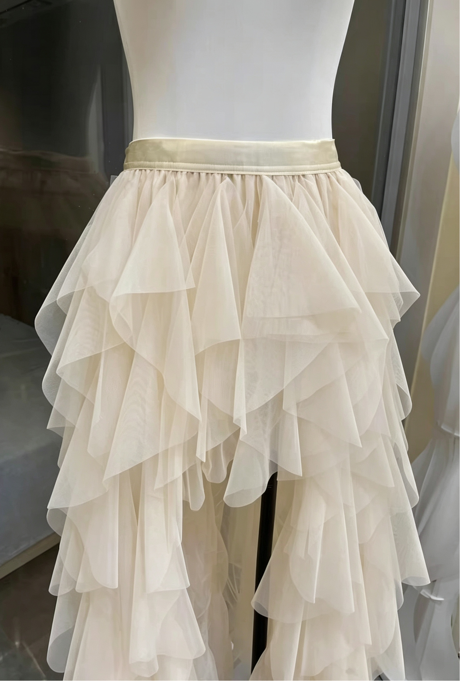 Cream Strapless Pearl Embellished Corset Top & High Low Ruffle Tulle Skirt Set