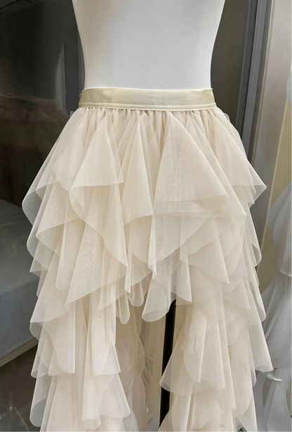 Cream Strapless Pearl Embellished Corset Top & High Low Ruffle Tulle Skirt Set