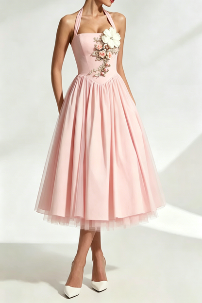 Flower Embroidery Cressida backless puffy Midi Dress - Blush