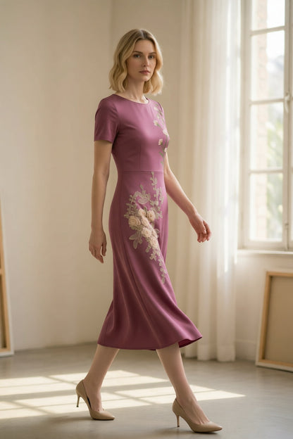 Dusty Purple Round Neck Short Sleeve Asymmetrical 3D Cream Rose Floral Embroidery Slim Flared Midi Dress