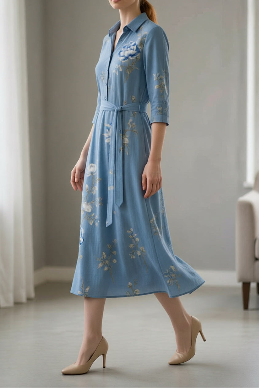 Light Blue Chinese Blue-and-White Floral Print Collared 3/4 Sleeve Self-Tie Belt Shirt Midi Dress