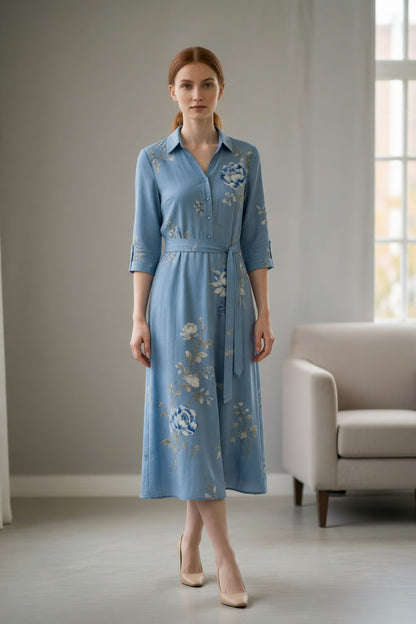 Light Blue Chinese Blue-and-White Floral Print Collared 3/4 Sleeve Self-Tie Belt Shirt Midi Dress