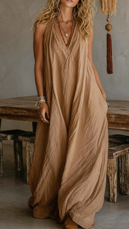 Halter V-Neck Linen-Blend Maxi Dress