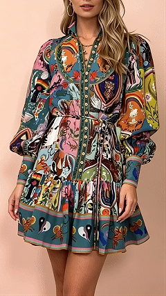 printed long sleeve  pleated trim Mini Dress