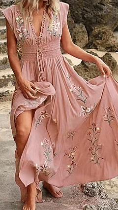 V-Neck Loose print embroidery maxi Dress