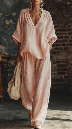 Casual Vacation Style - Relaxed Cotton-Blend Two-Piece Set