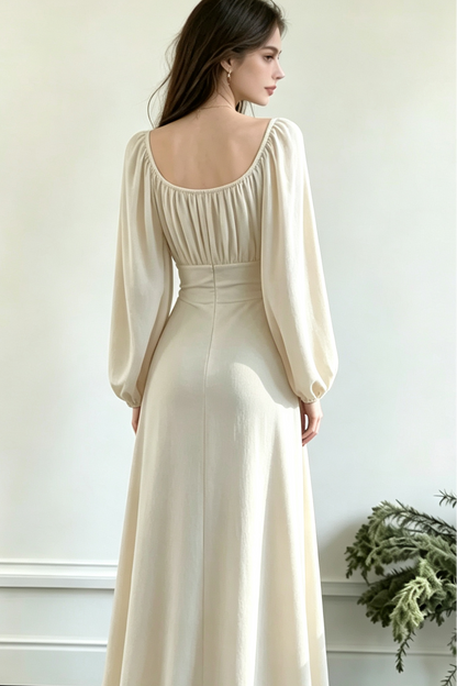 Square Neck Puff Long Sleeve High Waist Eco Recycled Cotton Dress - White