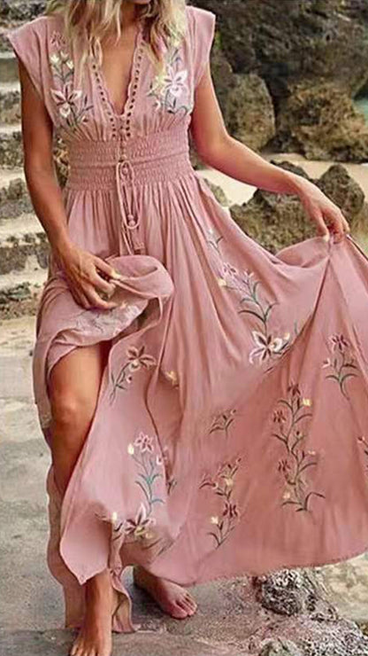 V-Neck Loose print embroidery maxi Dress