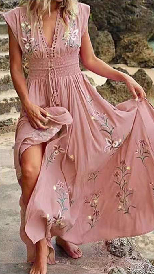 V-Neck Loose print embroidery maxi Dress