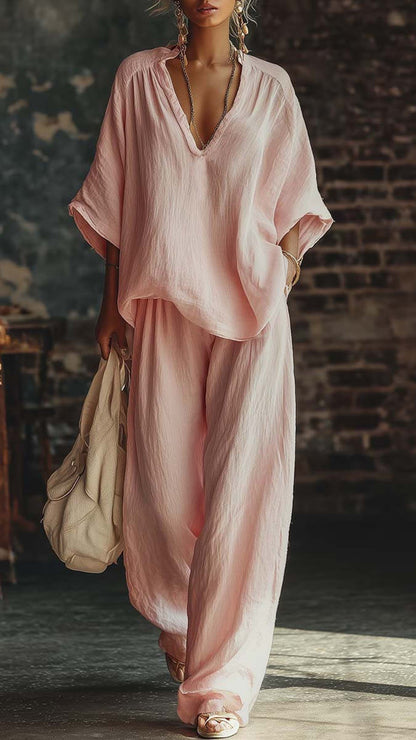 Casual Vacation Style - Relaxed Cotton-Blend Two-Piece Set