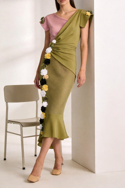 Olive Green Asymmetrical One-Shoulder Midi Dress with Floral Appliqué cobalt accent matte satin or fine cotton sateen Blouse - product view 5