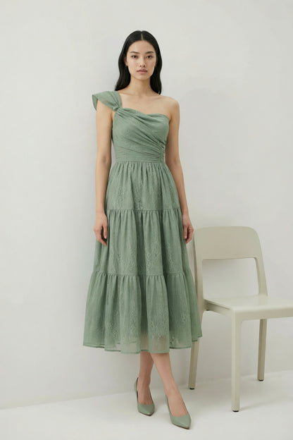 One-Shoulder Tiered Midi Dress in Sage Green cobalt accent matte satin or fine cotton sateen Blouse - product view 5