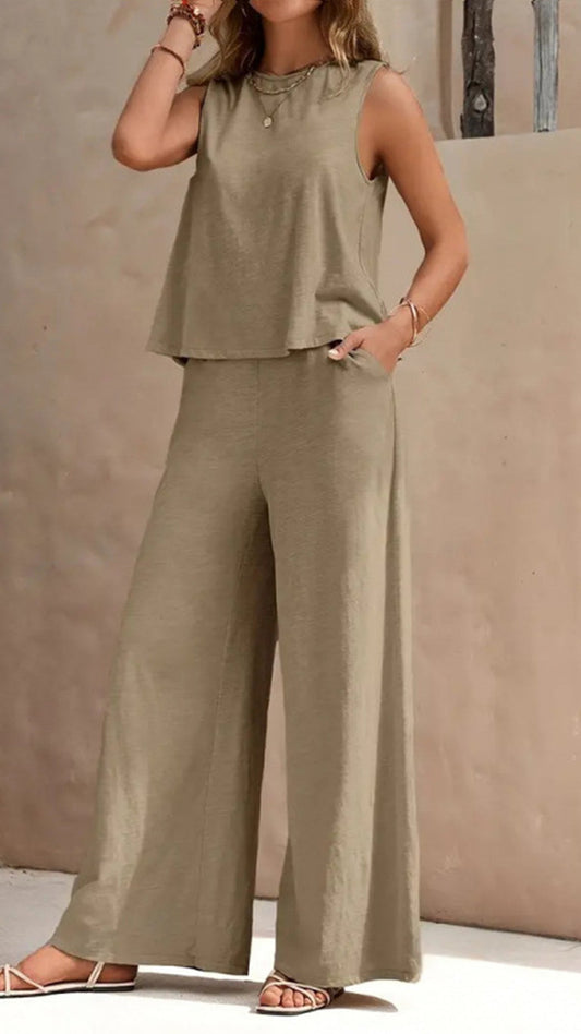 Casual Vacation Style - Sleeveless Cotton-Blend Two-Piece Set