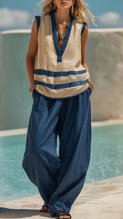 Casual Vacation Style - Color-Block Stripe Cotton-Blend Two-Piece Set