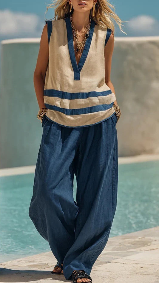 Casual Vacation Style - Color-Block Stripe Cotton-Blend Two-Piece Set