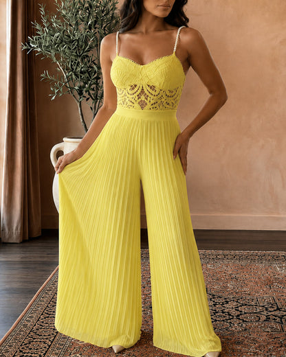 Women's Two Piece Set Lace Cami Top with Stretchy Pearl Straps and High Waist Pleated Wide Leg Chiffon Pants