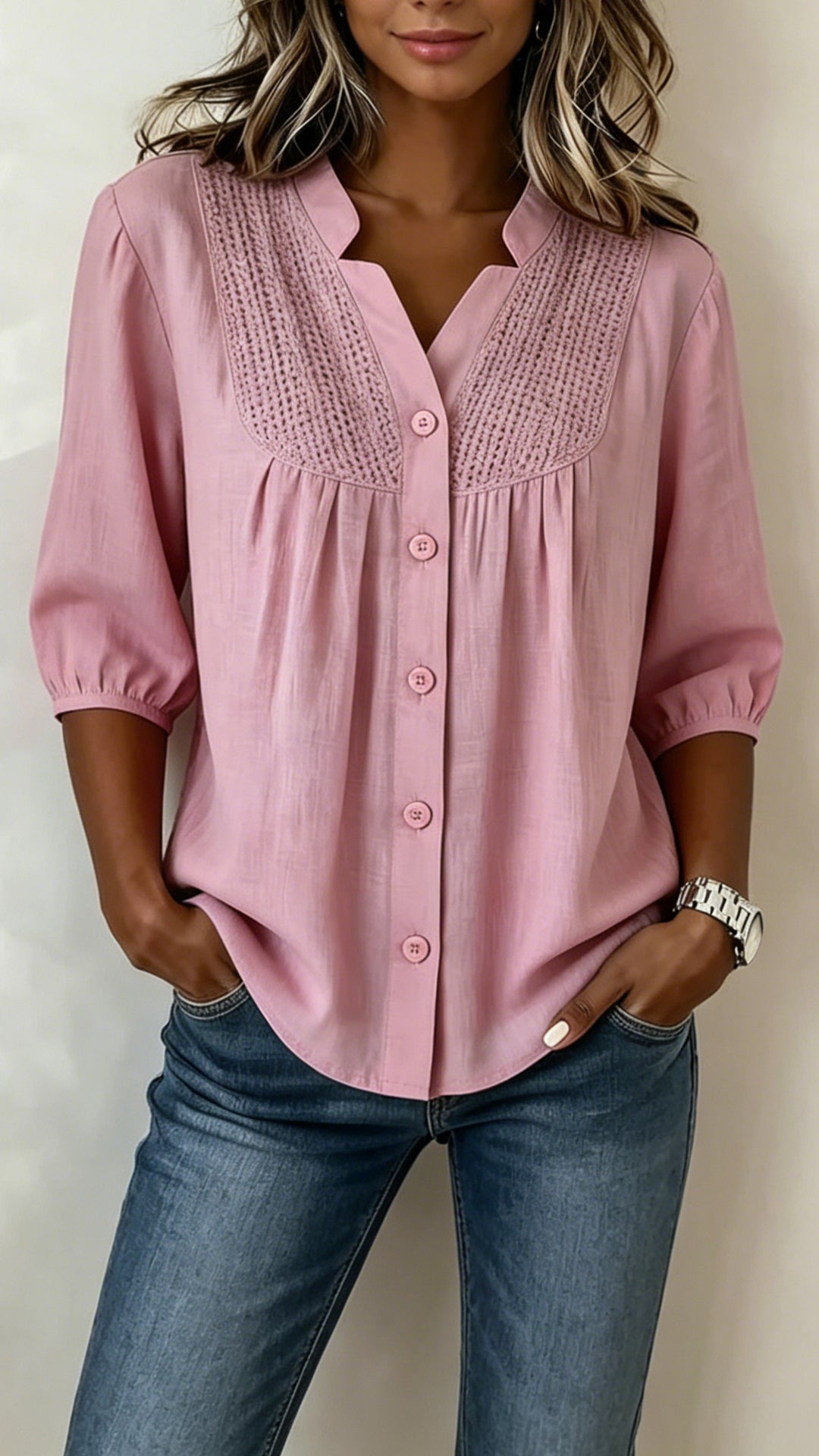 Crochet Detail Cotton-Blend Blouse